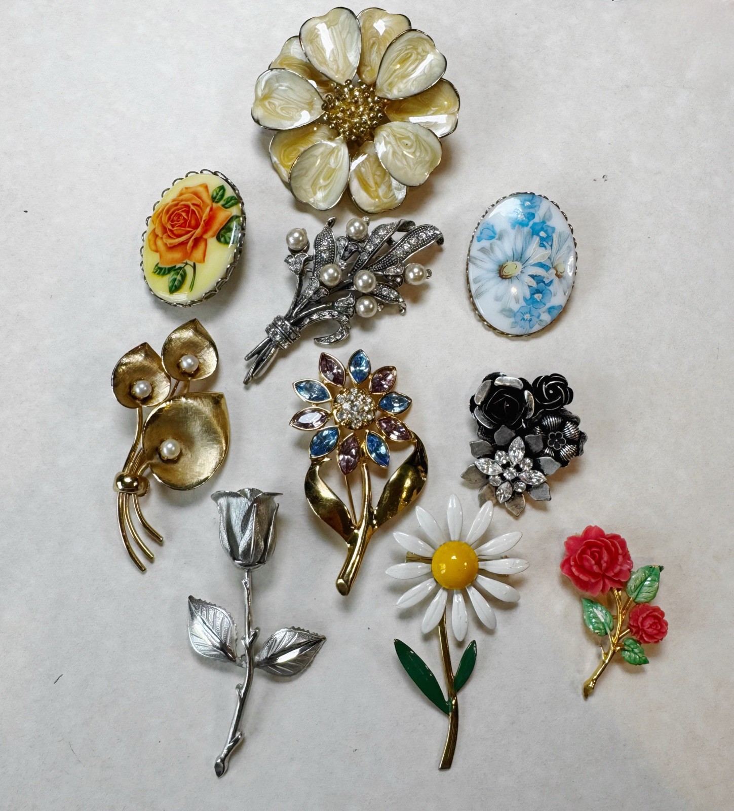 Vintage Floral Brooch Lot 10pc JJ Jonette Enamel Porcelain Flower Bouquet Clip