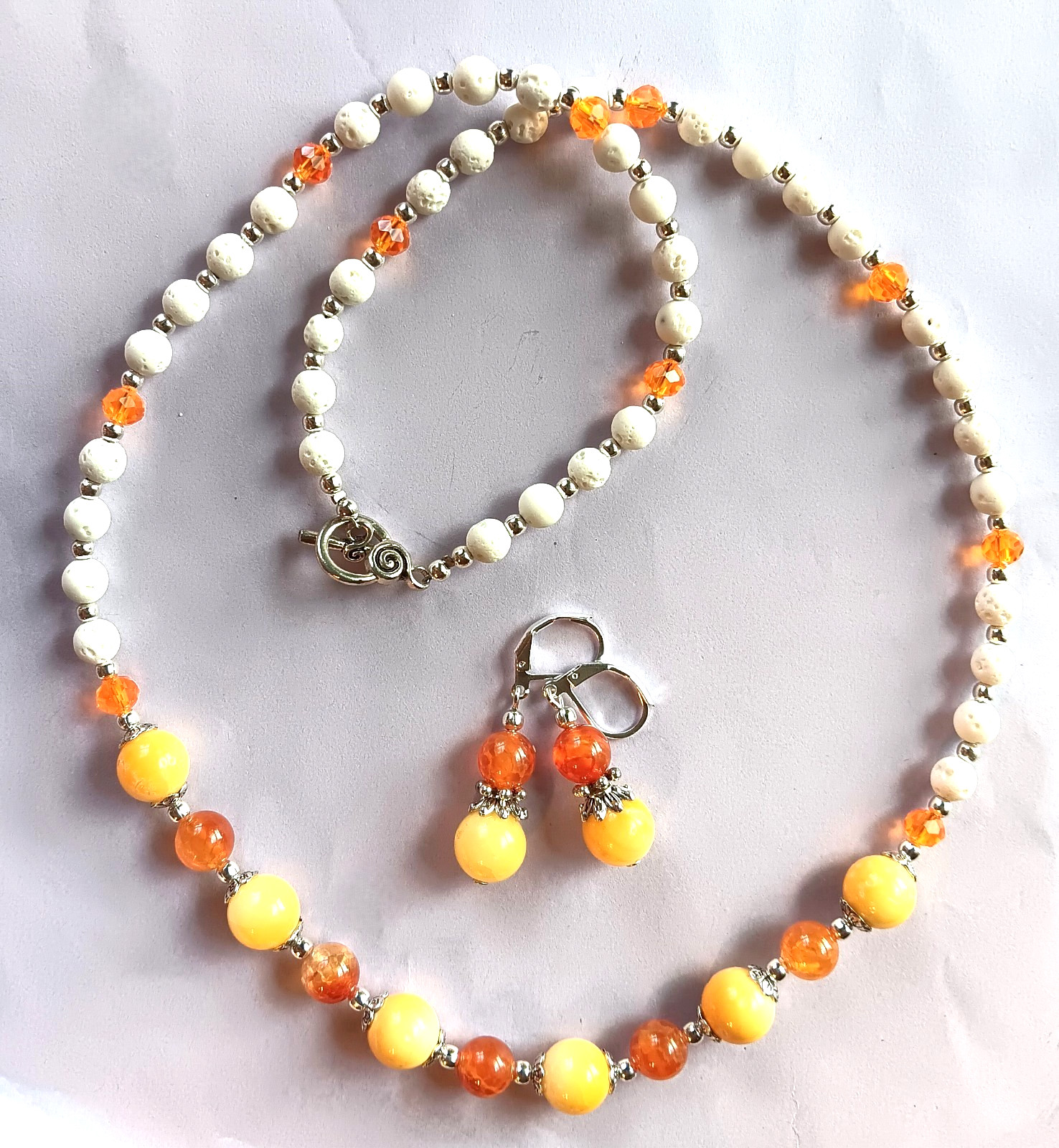 orange AGATE yellow SHELL PEARL Lava Rock necklace SP LEVERBACK handcrafted