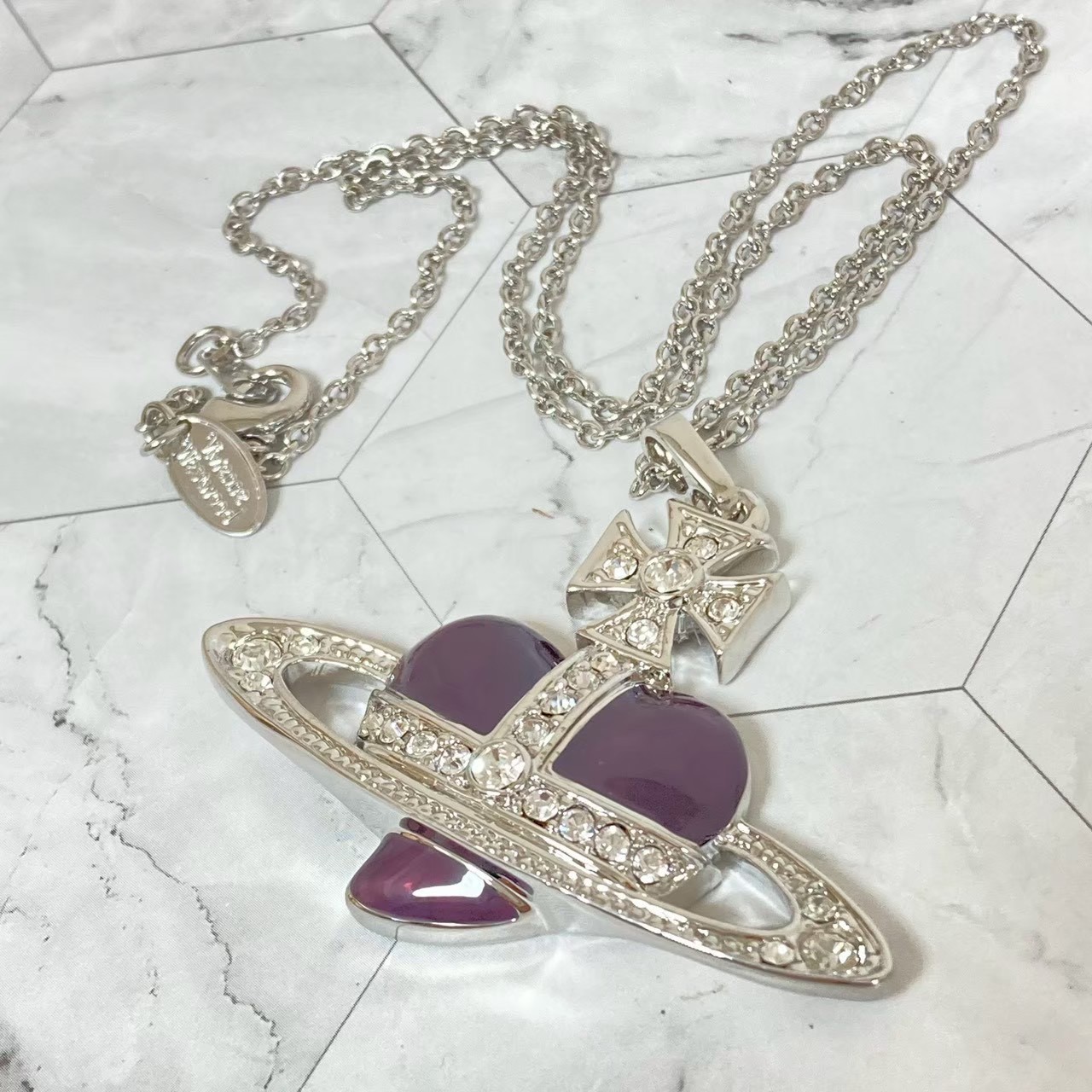Vivienne Westwood Necklace Diamante Heart Orb Large Silver Purple w/Pouch NO BOX