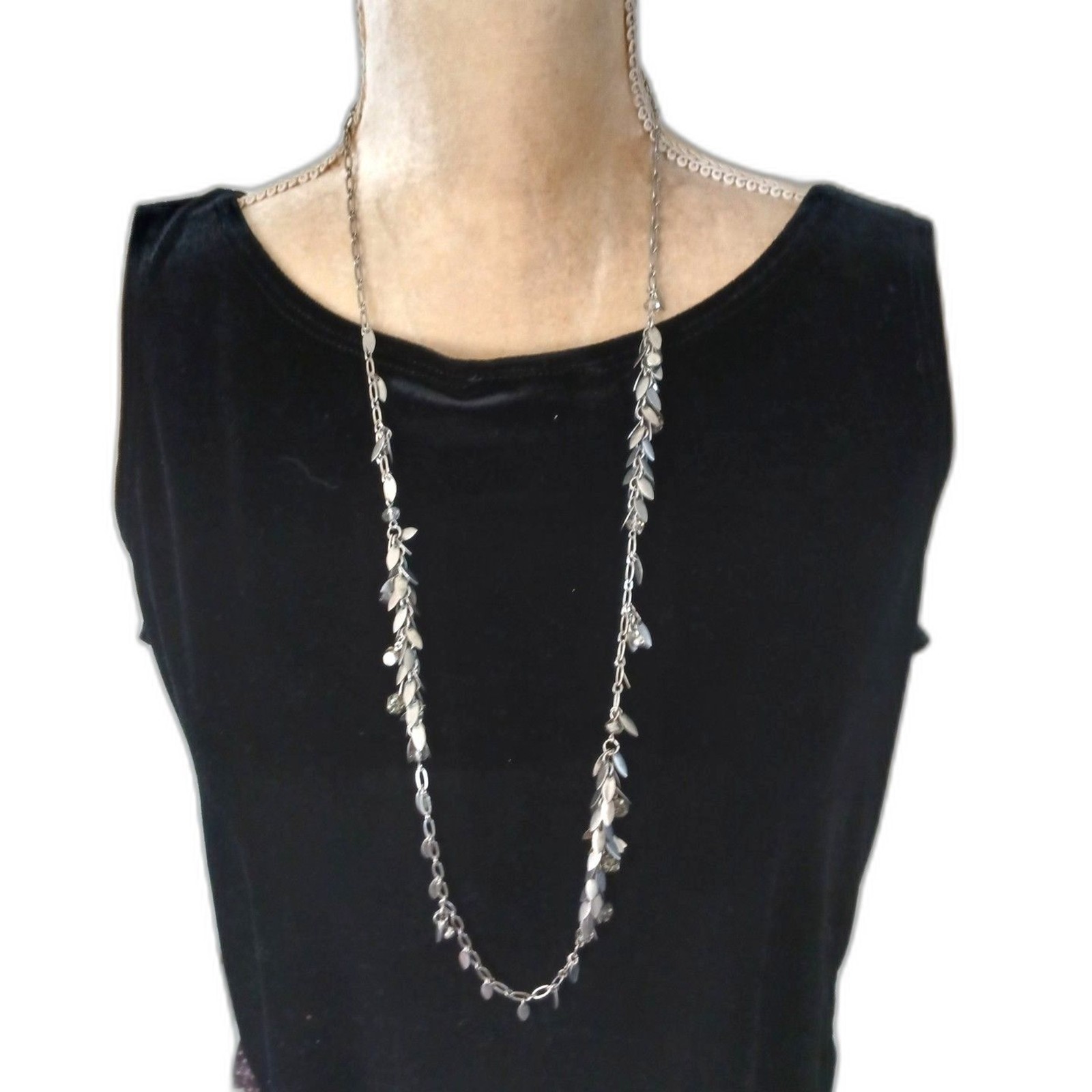 Ann Taylor Loft Silver Tone 32″ Chain Necklace With Asymmetrical Leaf Design