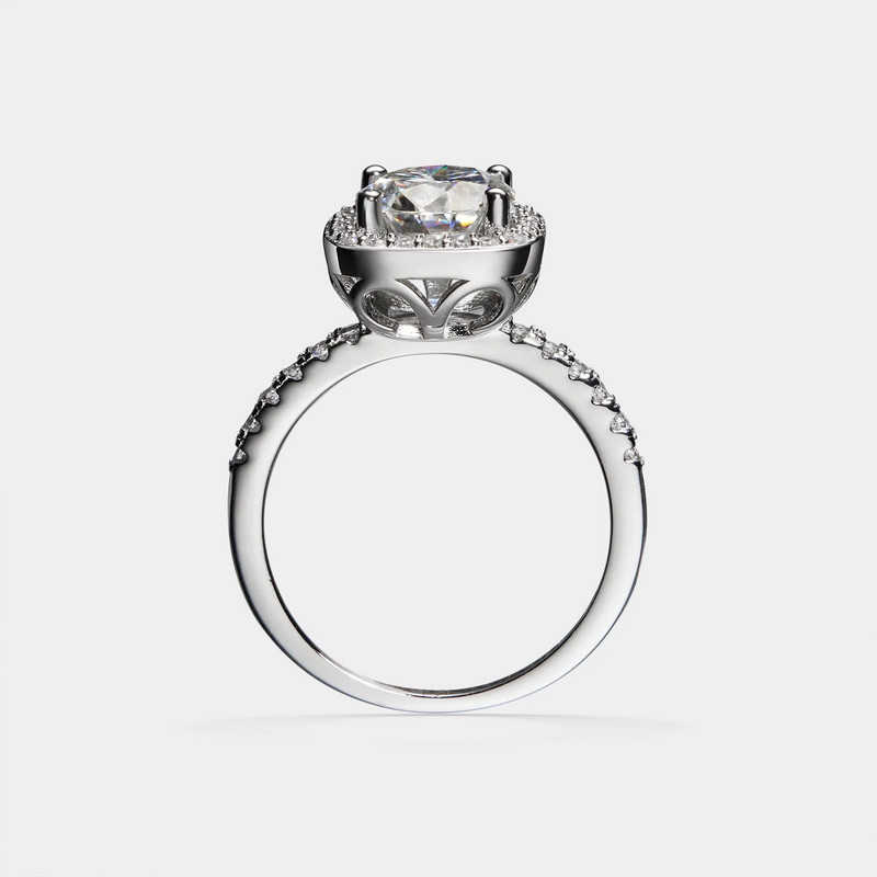 Platinum Plated Moissanite Halo Engagement Ring in 925 Sterling Silver