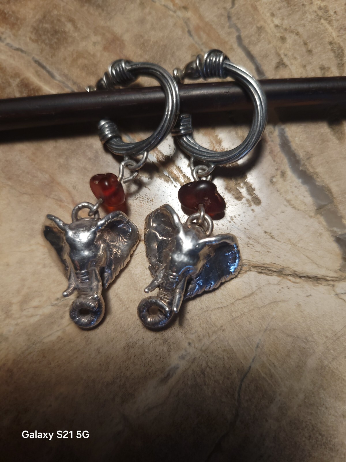 Susan Cummings Elephant Earrings Dangle Sterling Silver & Amber 2″ Long 1990s
