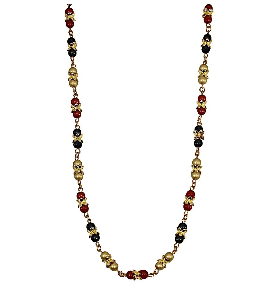 Multi color glass bead necklace with a mix of red, black, and gold colors New