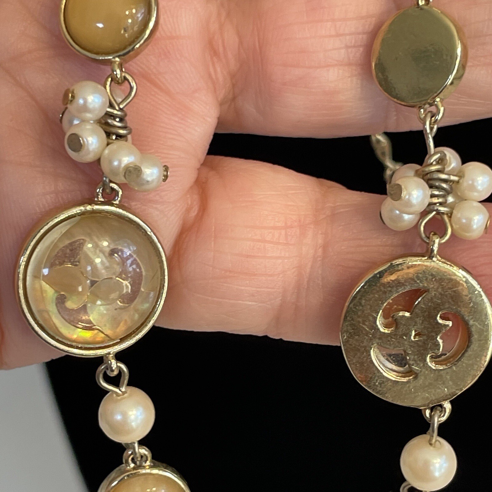 Demi Parure Pearl Amber Asian Resin Circle Necklace Moon Glow Open Work Set