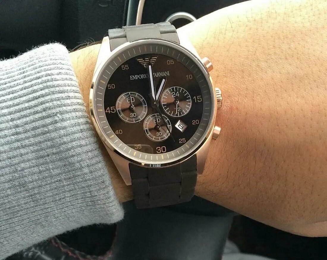 NEW GENUINE EMPORIO ARMANI AR5890 BROWN & ROSE GOLD SILICONE STRAP MENS WATCH