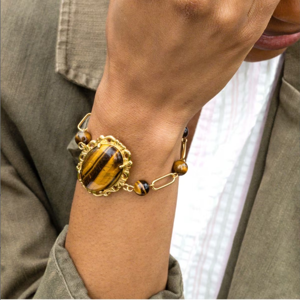 Yellow Tigers Eye 13.00ctw Bracelet ION Plated YG Stainless Steel (7.50-9.0In)