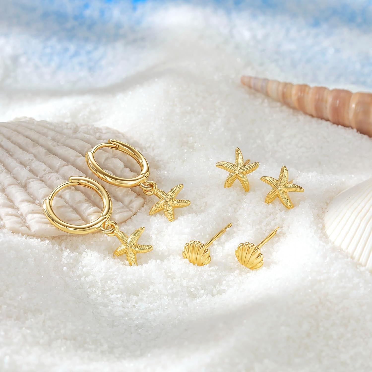 3 Pairs 14K Gold Plated Dangle Earrings Set for Women, Dainty Seashell Starfish