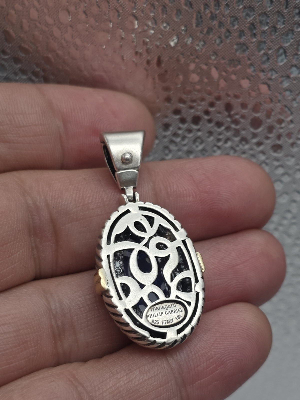 PHILLIP GABRIEL MENEGATTI 18K GOLD STERLING SILVER BLUE WOMAN GLASS PENDANT