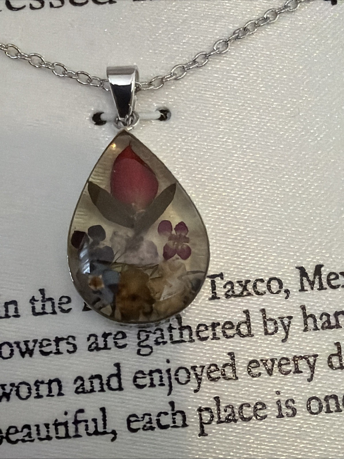 ATI Pressed Flower Necklace Silver Plated Pendant Mexico NEW w/ Package