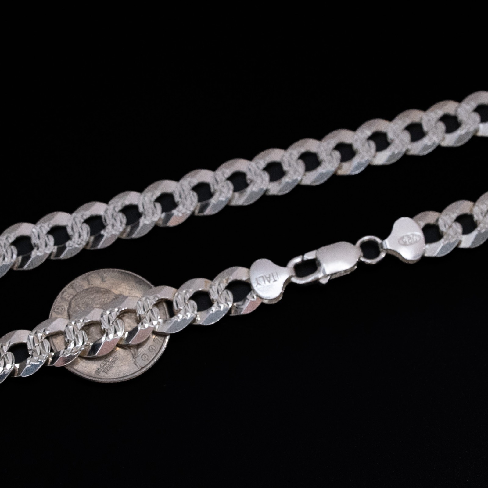 Men’s 925 Silver Diamond Cut Flat Miami Curb Cuban Link Chain Necklace 10mm