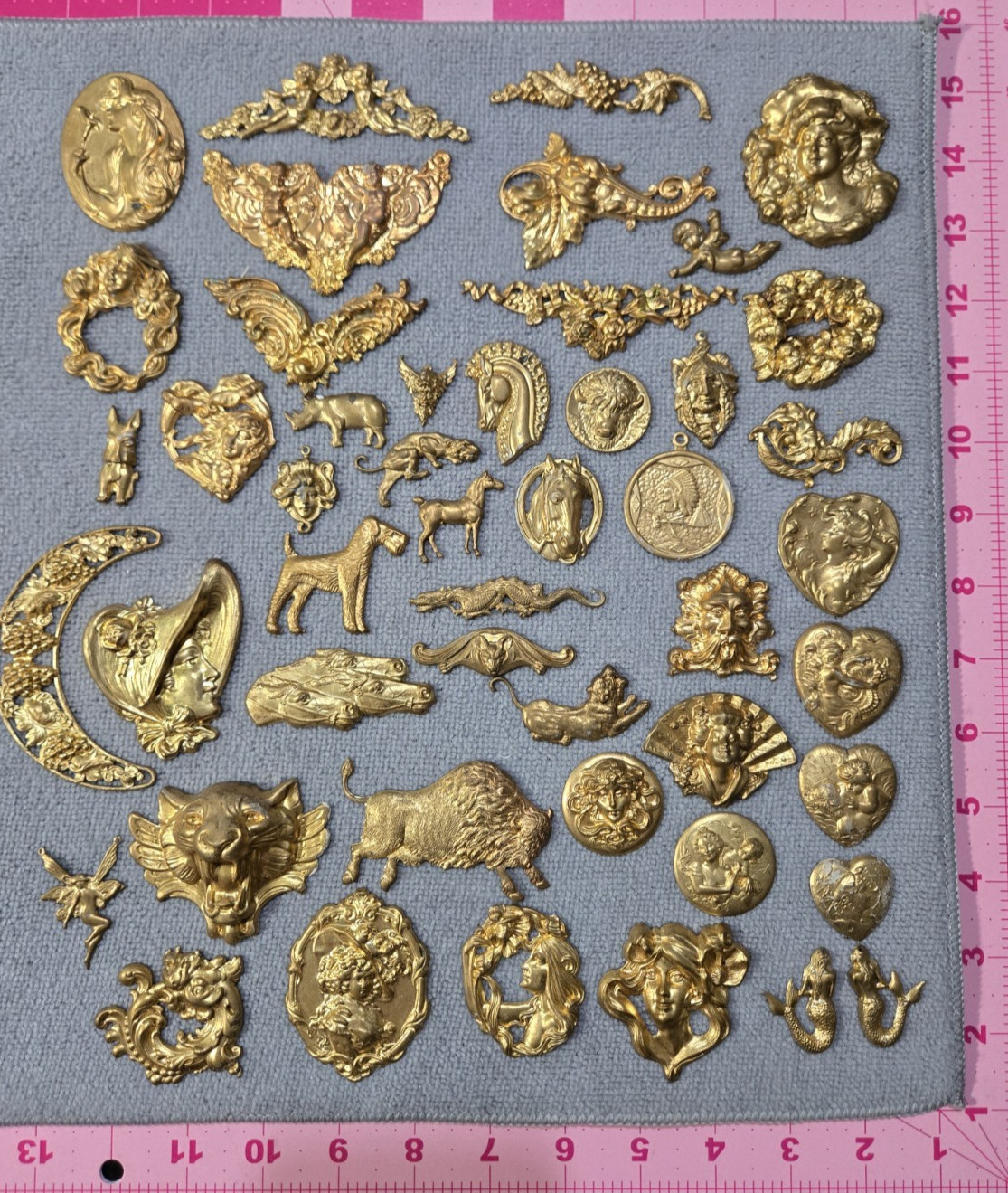 Antique Victorian Jewelry Lot Brass Stampings Oddities Lions Fairies Horses Dogs