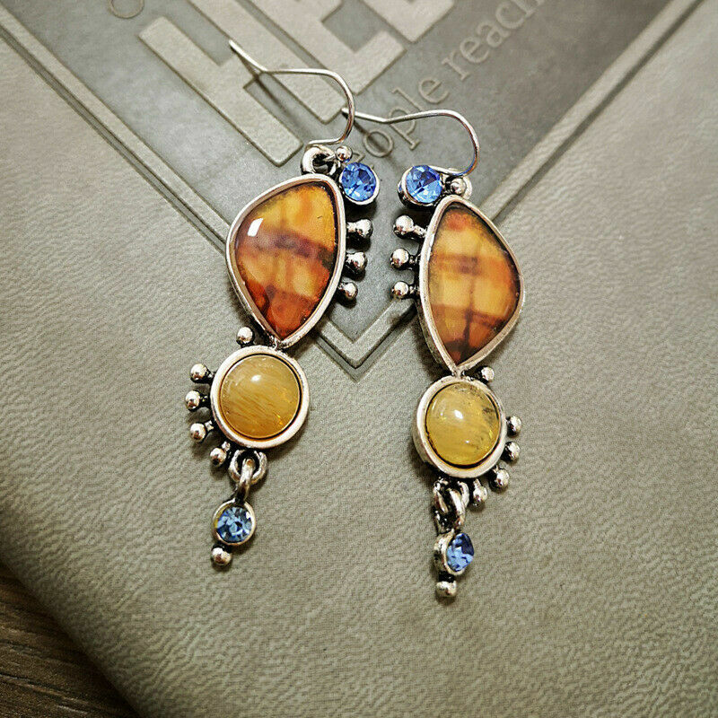 Unique New Silver Plated Resin Agate & Gemstone Hook Dangle Drop Earrings