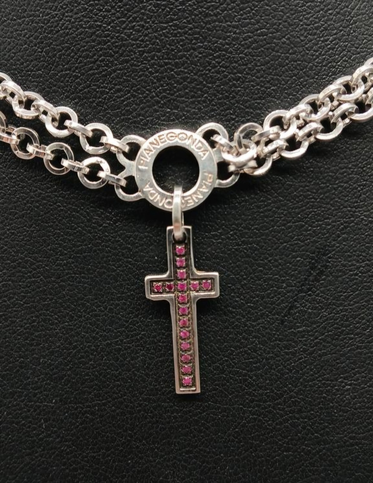 PIANEGONDA 925 Pave Pink Ruby Cross Pendant Necklace