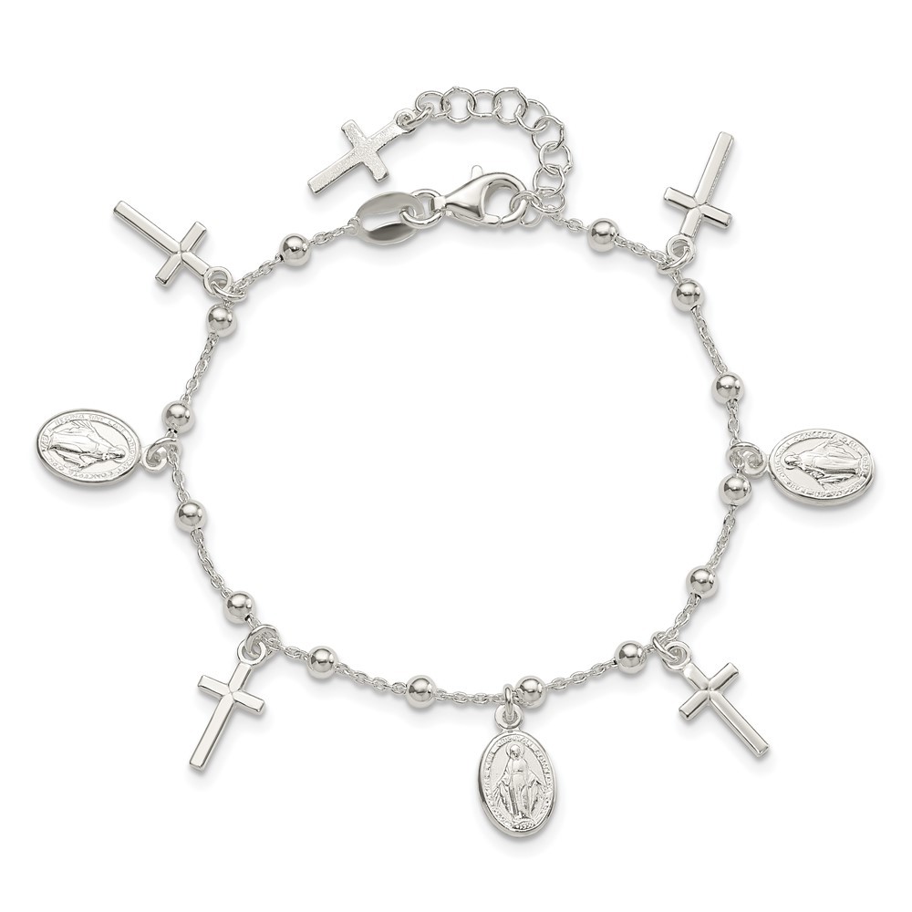 Sterling Silver Polished Cross Miraculous Medal Bracelet 6.25″ w/1in ext. 4.7gm