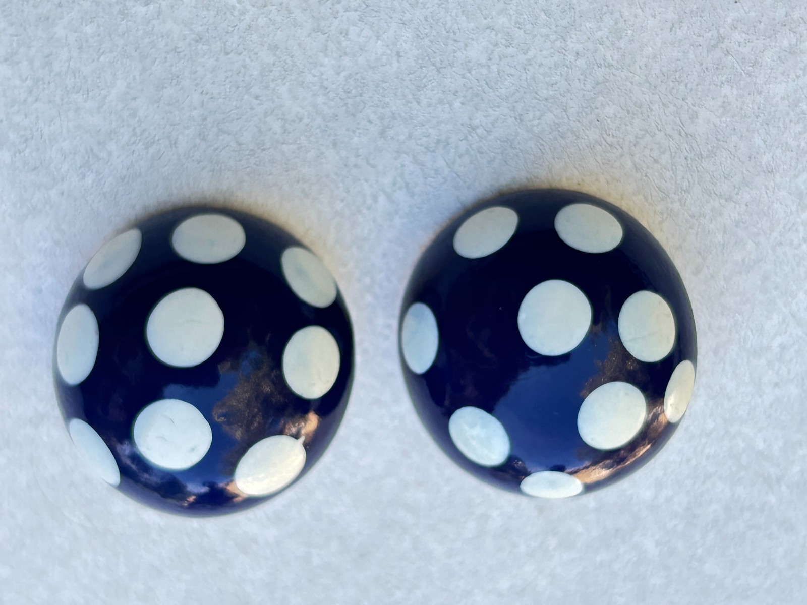 Vintage Style Navy Blue & White Polka Dot Domed Button Stud Earrings Retro Chic