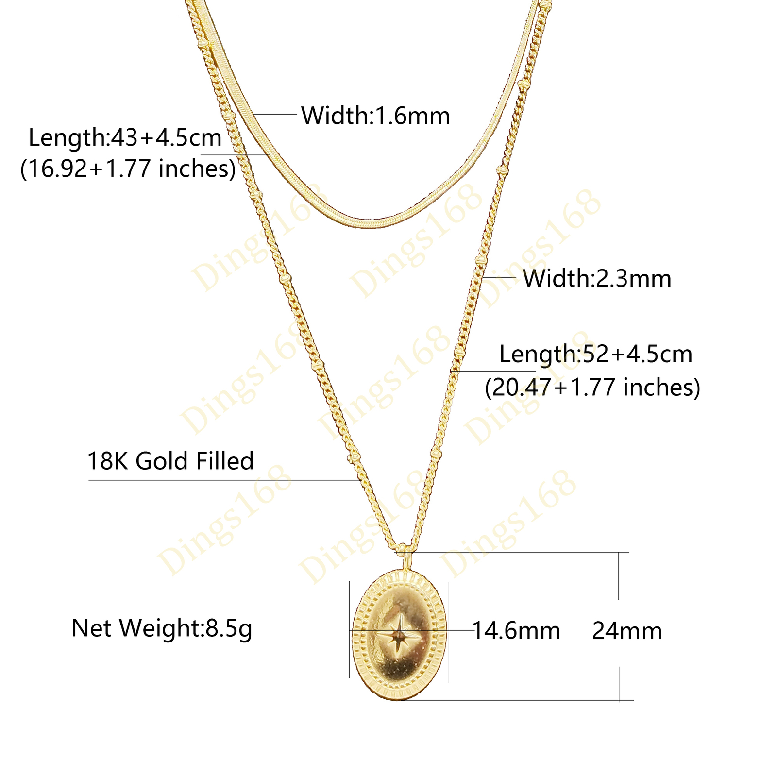 18K Gold Filled Tarnish-Resist Flat Snake/Cable Chain Pendant 2-Layered Necklace