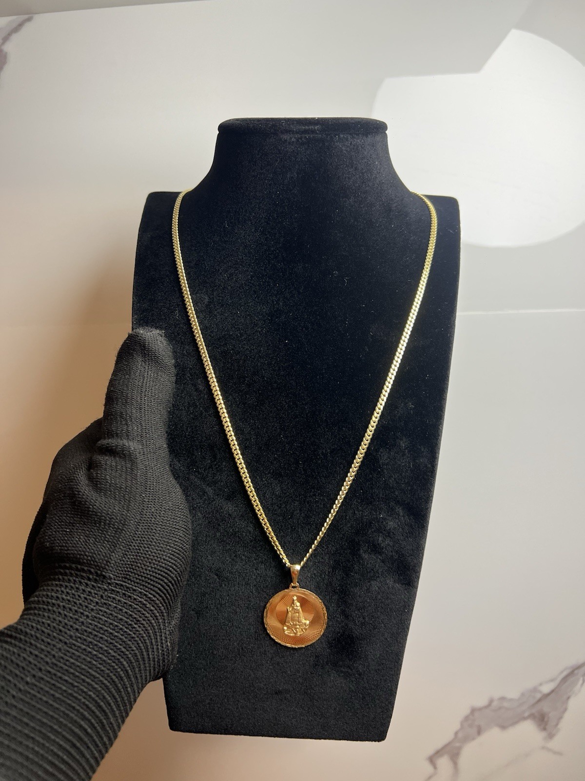 10K Yellow Gold Solid Cuban Chain 24” 1.8mm 13g Our Lady of Charity Pendant