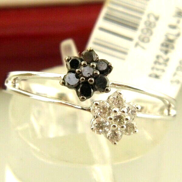 14k Solid White Gold Black & White Diamond Wrap Dainty Flowers Ring