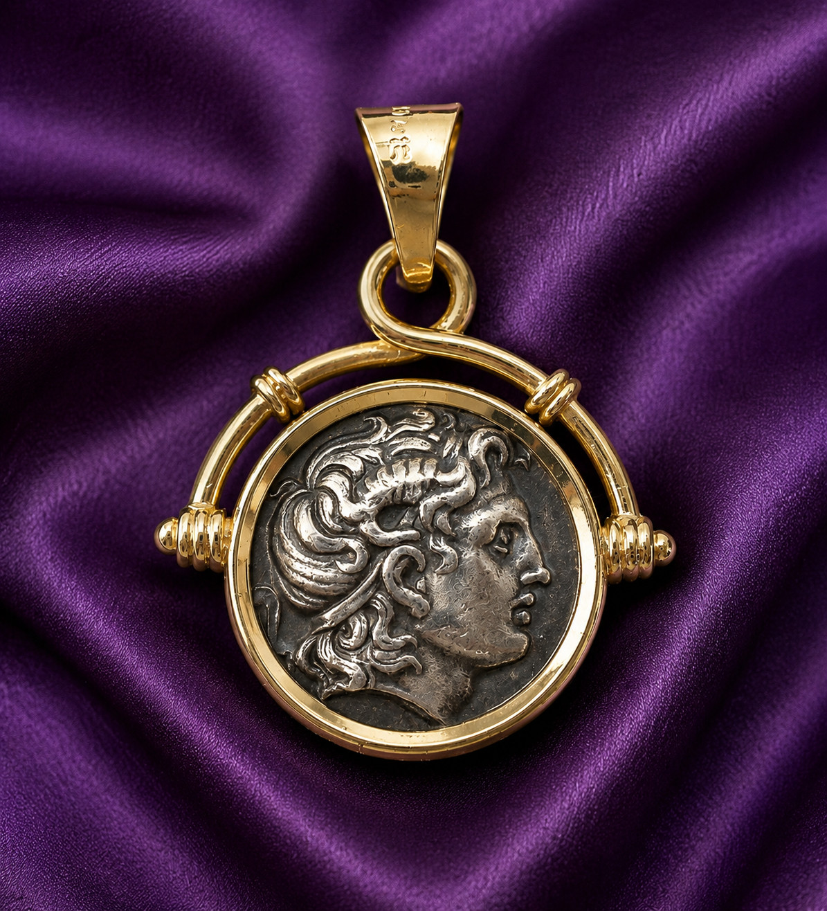 14K Gold Bezel Pendant Silver With Alexander Silver Coin & Goddess of Victory