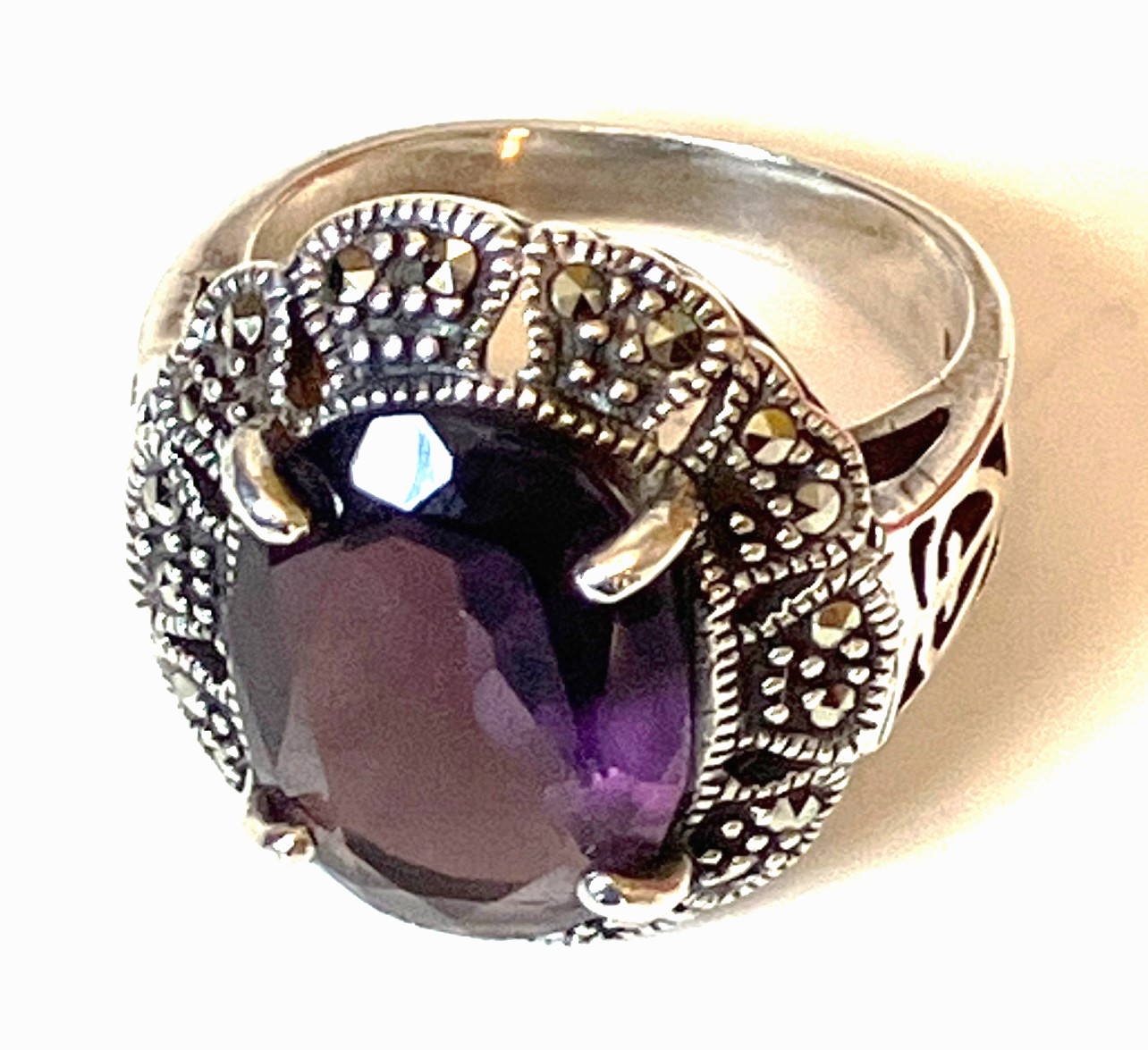 Vtg Silver 925 Marcasite Ring Solitare Amethyst Stone Sz 7 Cocktail Ring