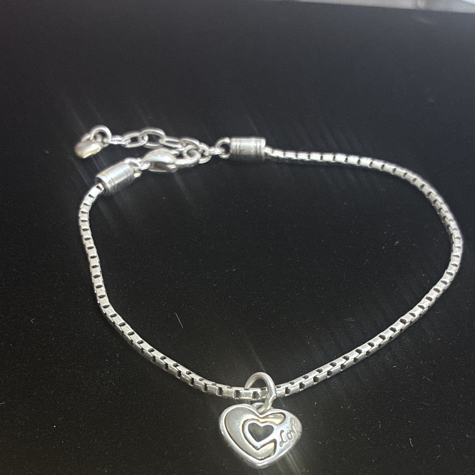 Silver Tone Box Chain Charm Bracelet Adjustable Lobster Heart Love Dangle