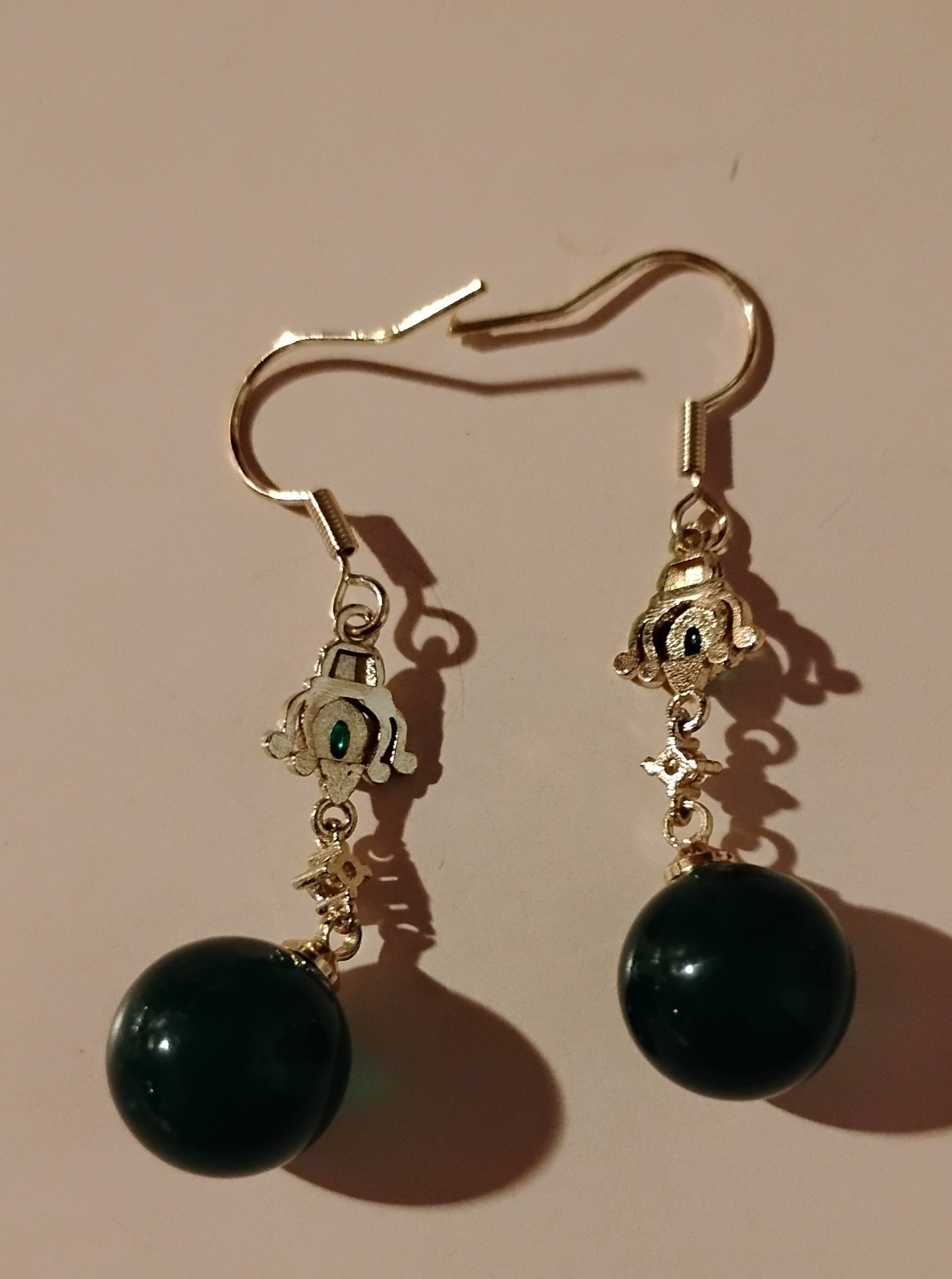 Gold Jade Round Bead Dangle/Drop Hook Earrings , At least 1OK Gold Plated