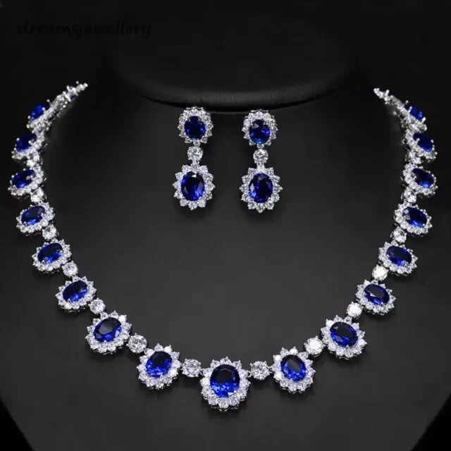 22CT Lab Created Oval Blue Sapphire Necklace Earrings Set 14K Wh Gold Plated 18″