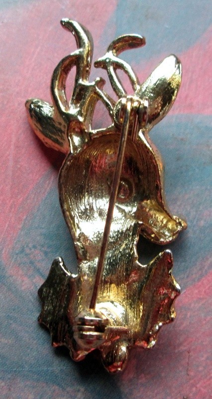 Vintage Christmas Brooch Rudolph Head Gold Tone Red Cabochons 4 Nose & Berries