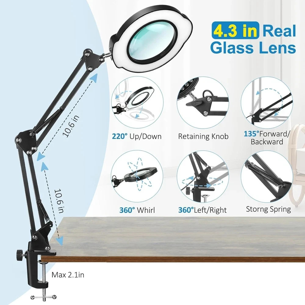 12X Magnifying Glass Lamp with Light & Stand 84 LED Dimmable 5 Color Desk Clamp