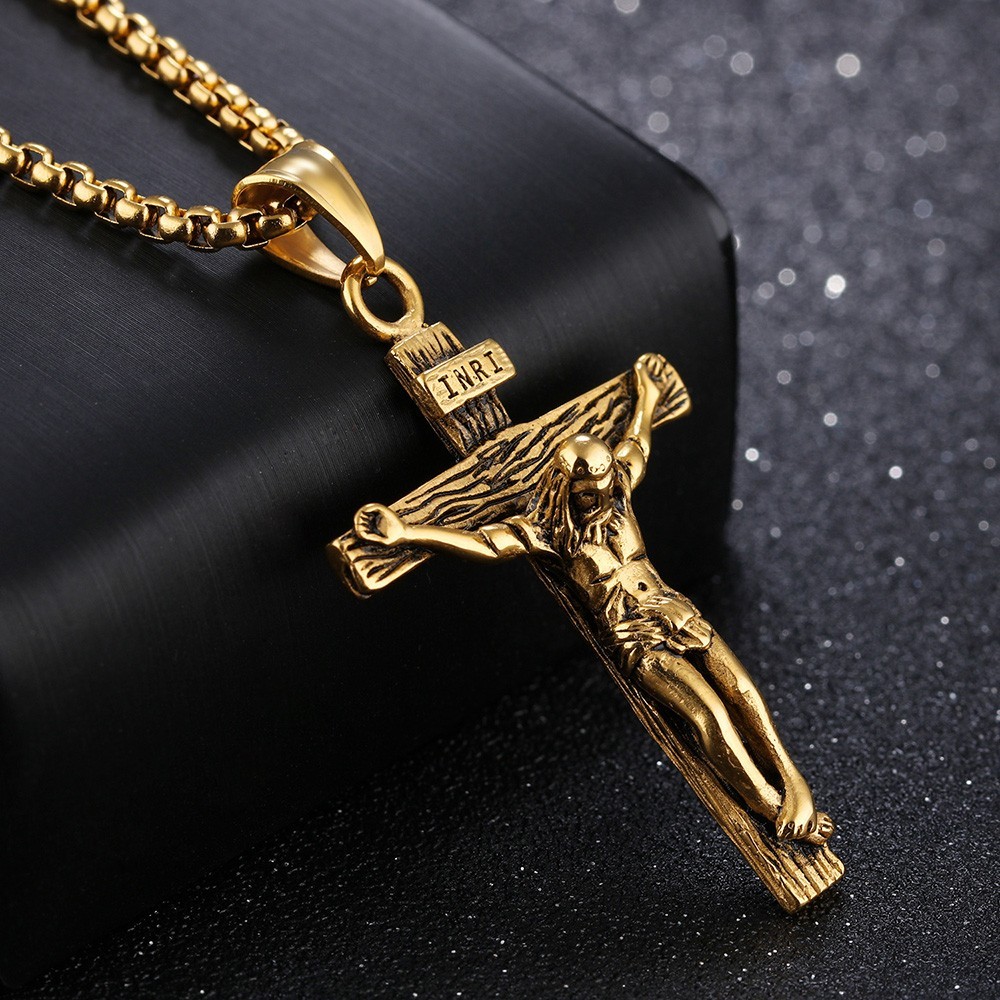 Mens Crucifix Cross Pendant Necklace Box Chain Christian Jesus Religious Jewelry