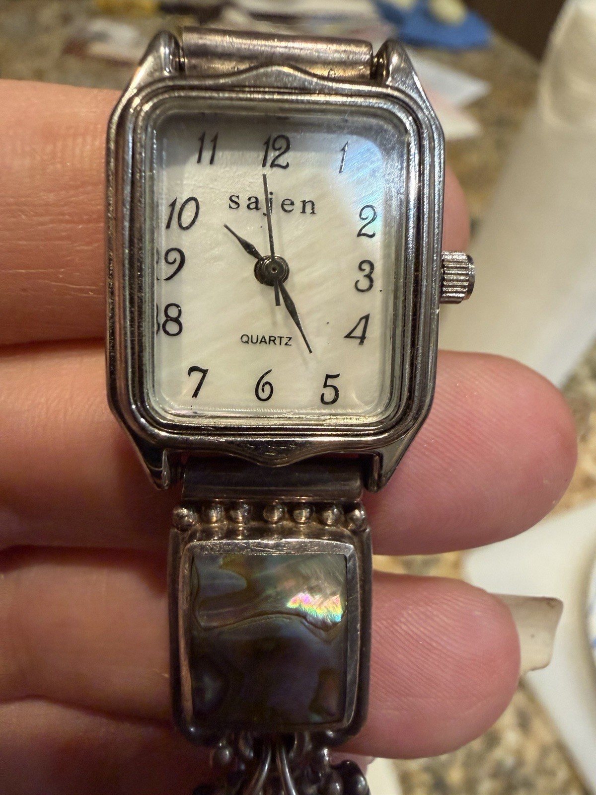 Sajen Quartz Abalone Link Bracelet Watch 925 Silver Rectangle White Dial