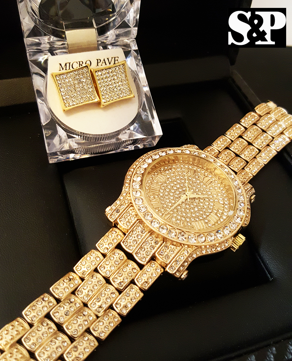 Men Hip Hop Iced Gold PT Techno Pave Simulated Diamond Watch & Earrings Set