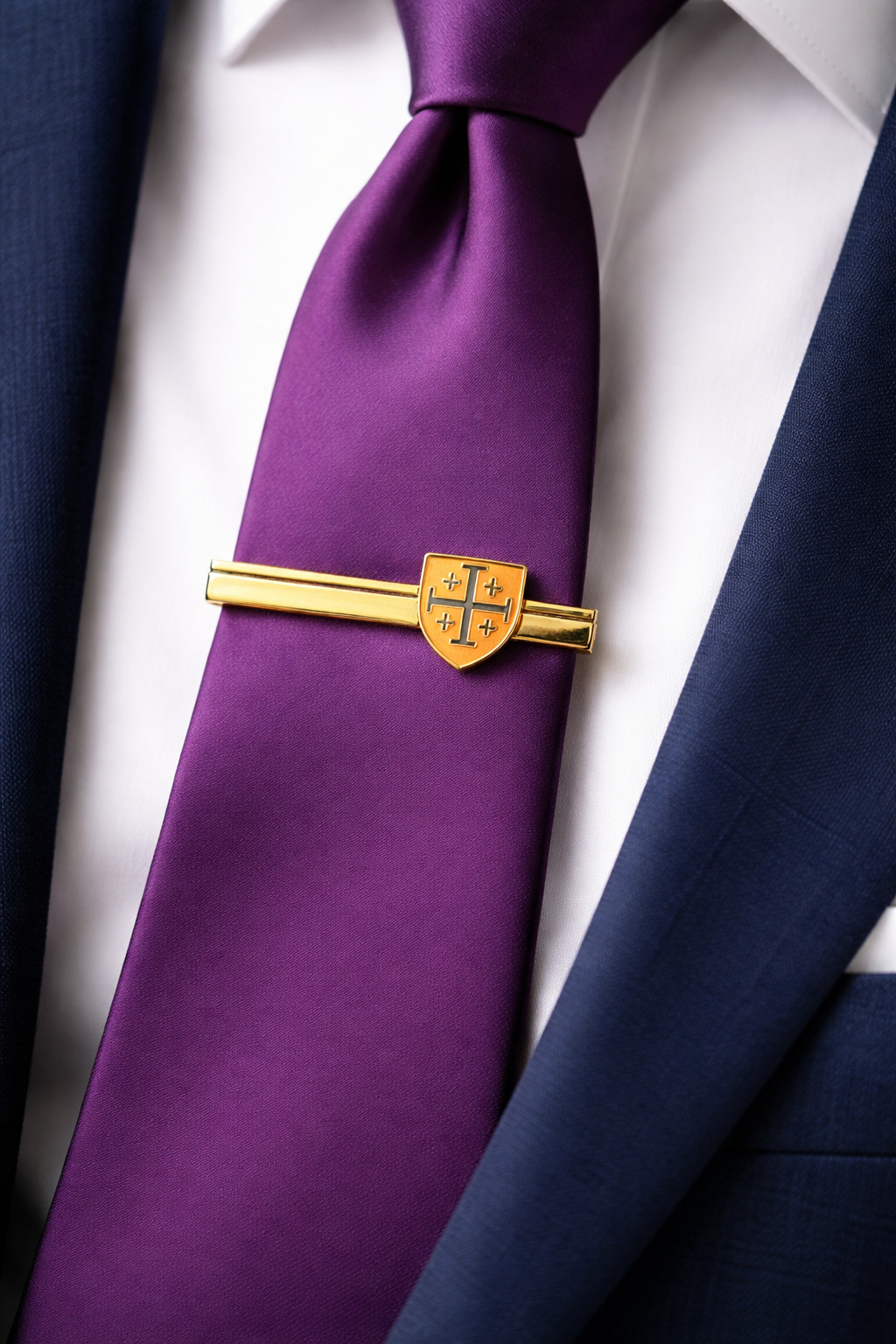 Jerusalem Cross Shield Tie Clip Gold and Black Christian Religious Tie Bar Men