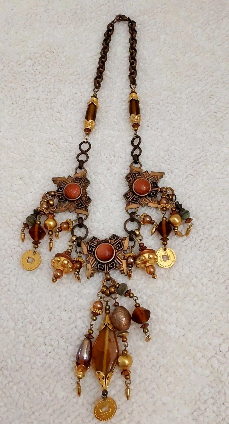 Vintage Robert Rose Necklace Gold Brown Beaded Egyptian Jewelry
