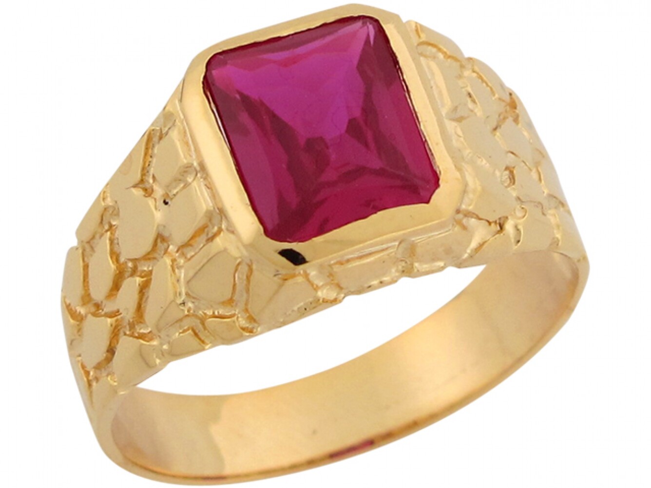 10k or 14k Yellow Gold Simulated Ruby Nugget Inspired Thin Band Mens Ring