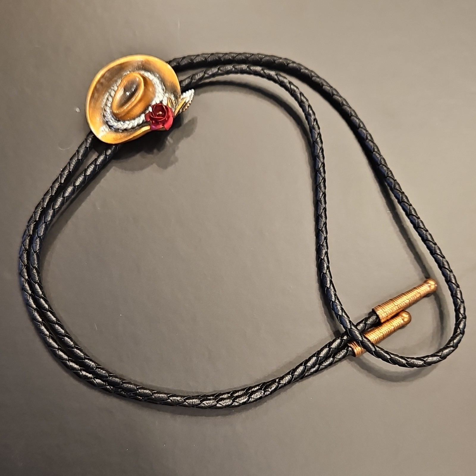 Boll & Rowe Men’s Western Bolo Tie Black Leather Cord Gold Tone Hat Slide