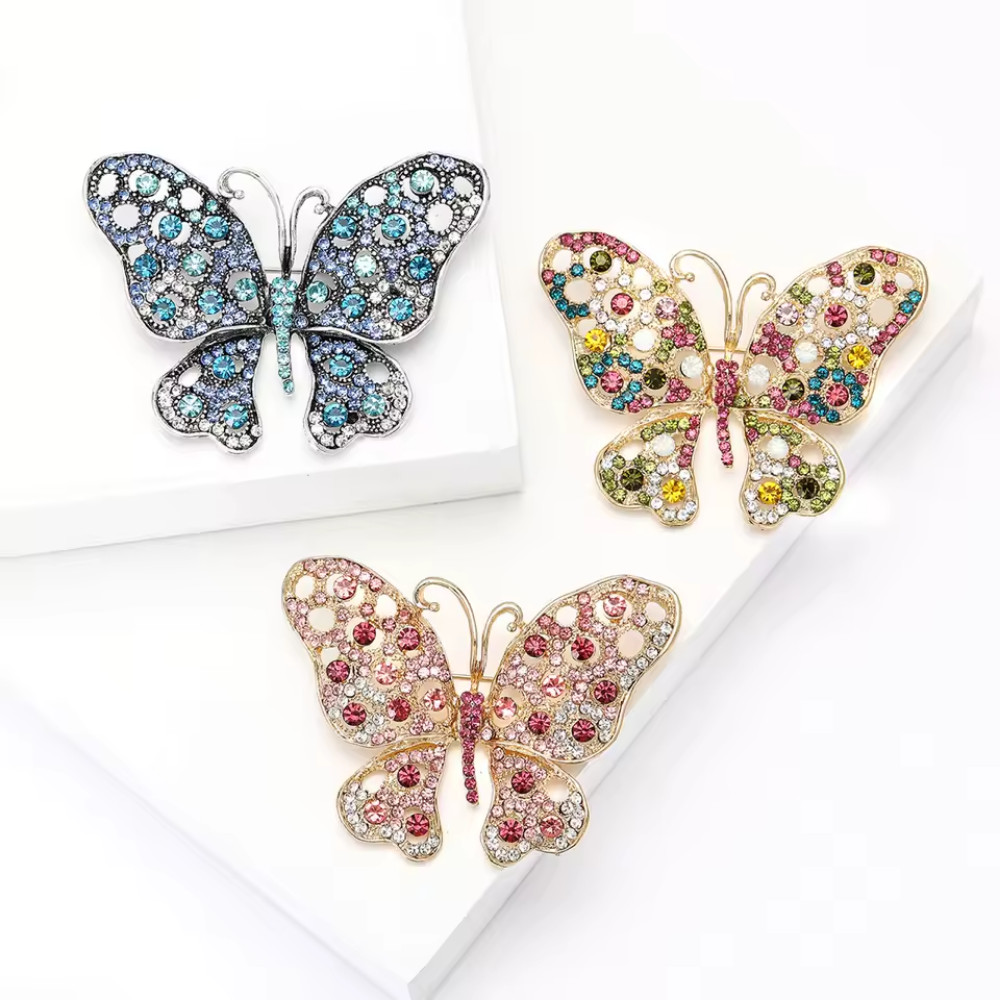 Sparkly Pink Crystal Butterfly Brooch Pin Rhinestone Gold Tone Insect Jewelry Gi