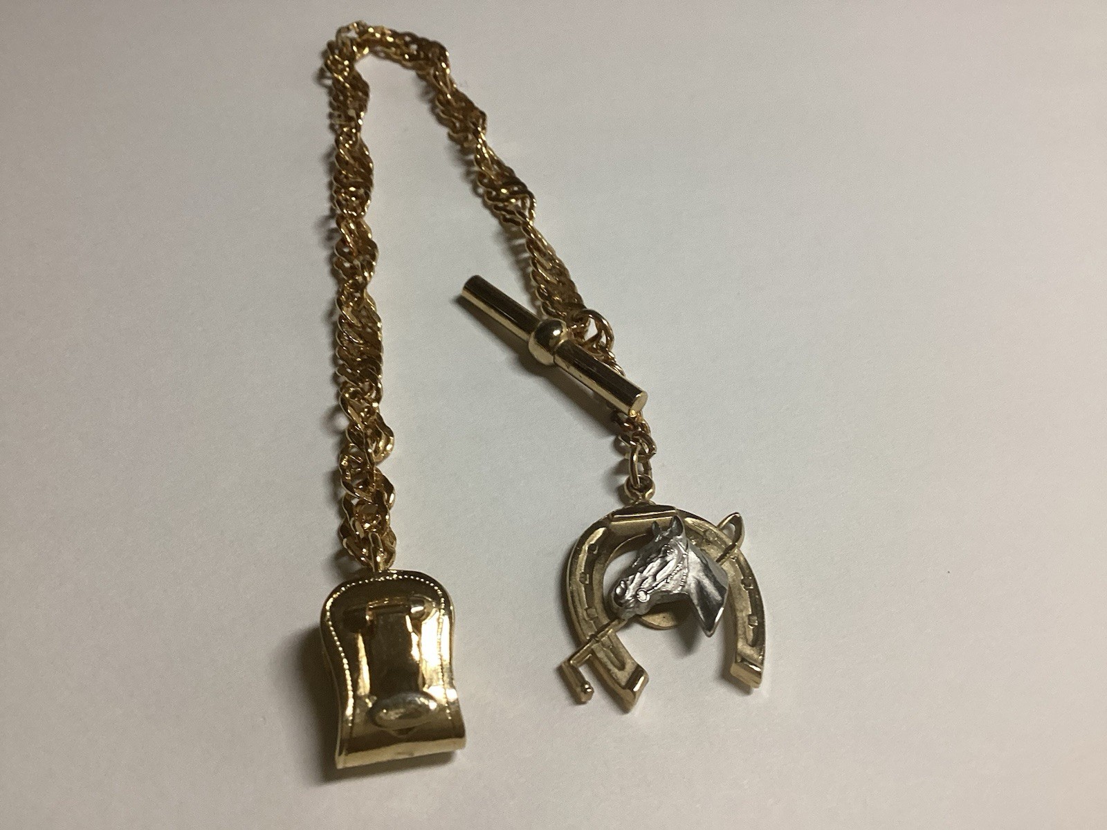 Bright Gold Watch Chain Horse Shoe Whip Silver Tone Horse Fob Vintage Free Ship