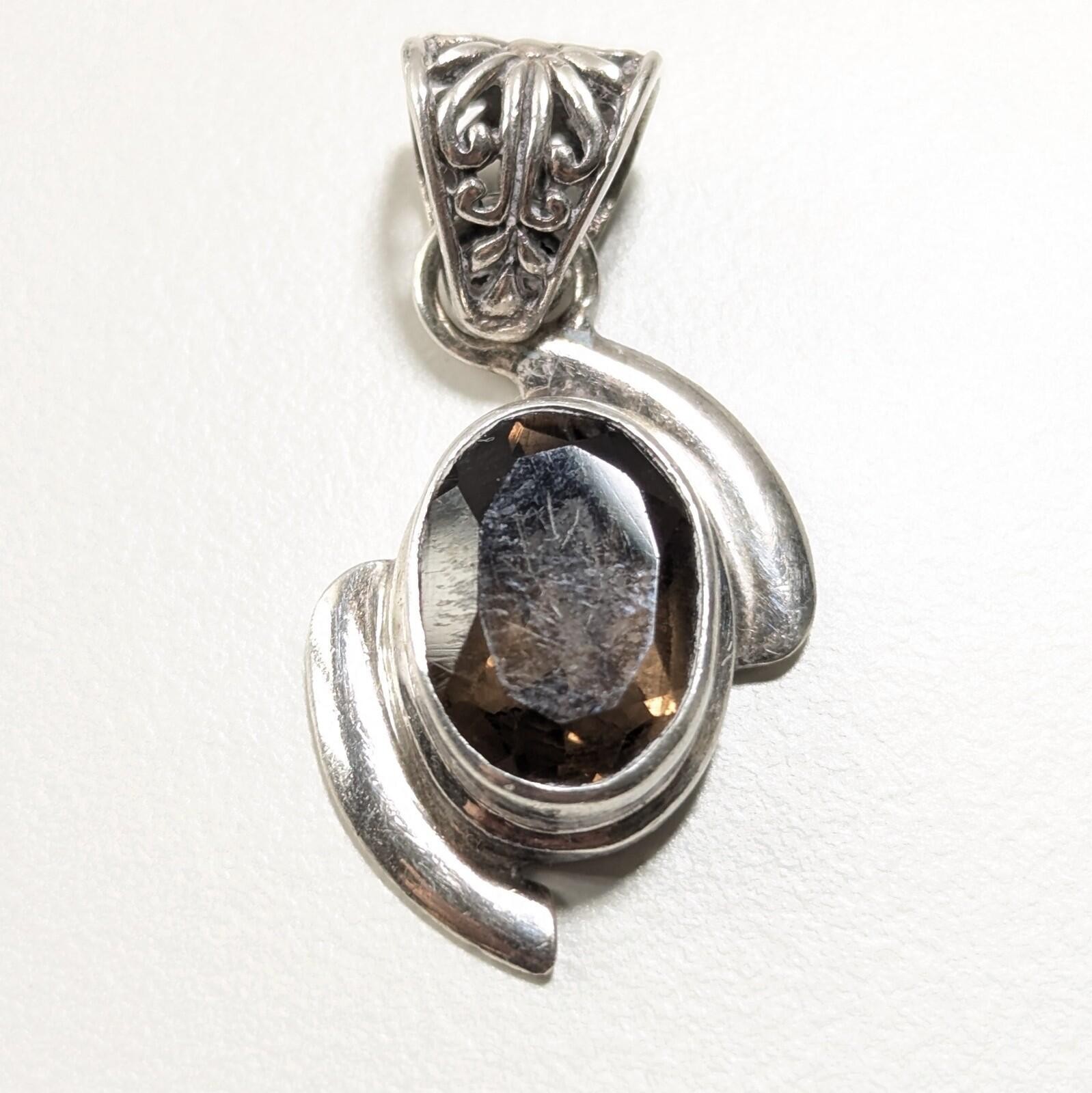 Sterling Silver 925 FNA Smoky Quartz Vintage Style Gemstone Pendant Charm 5.7gr