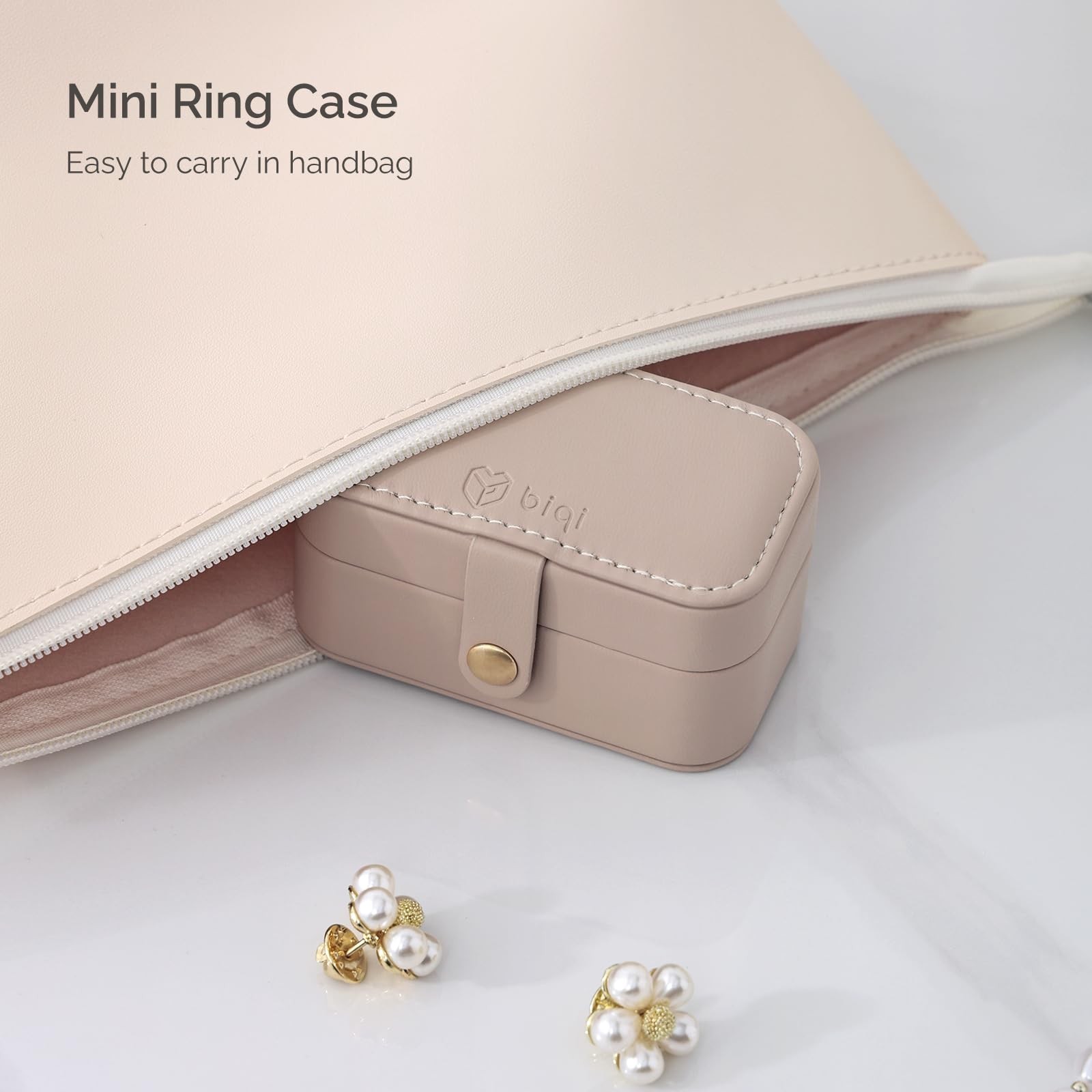 BIQI MUSSE Jewelry Ring Case for Travel, PU Leather Light Taupe