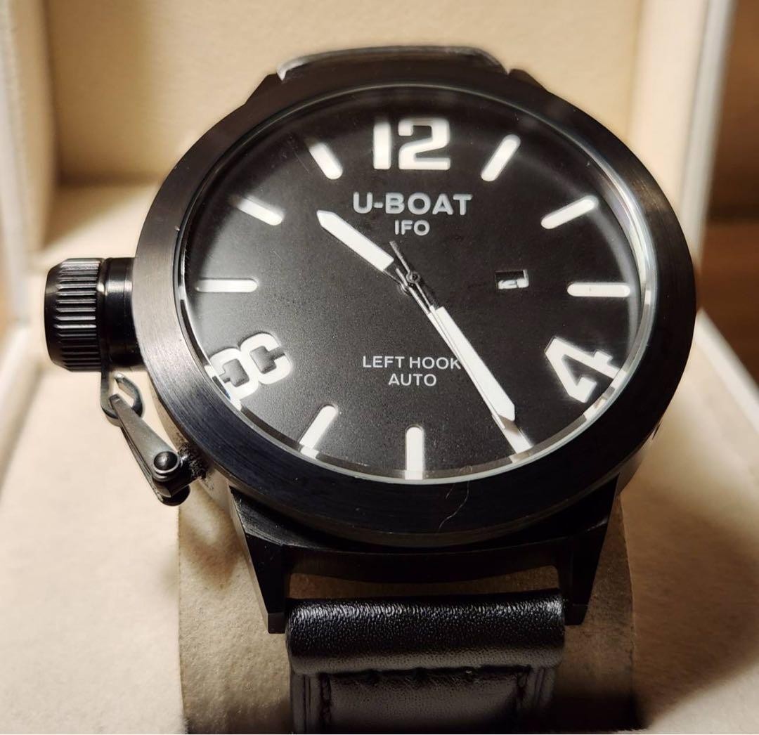 U-BOAT IFO Left Hook Auto Italo Fontana 316L Black Leather Round Men Watch 52mm