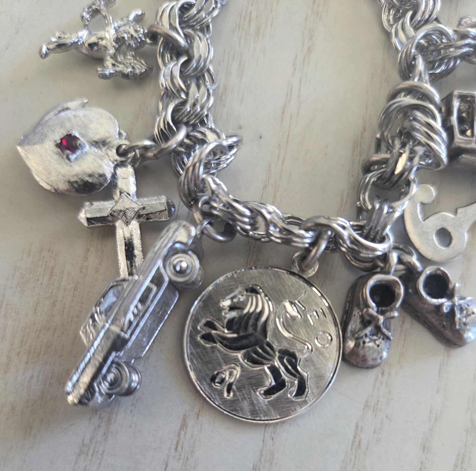VTG Elco Double Link CHARM Bracelet 13 Charms Sterling Silver 7″ 45 Gram