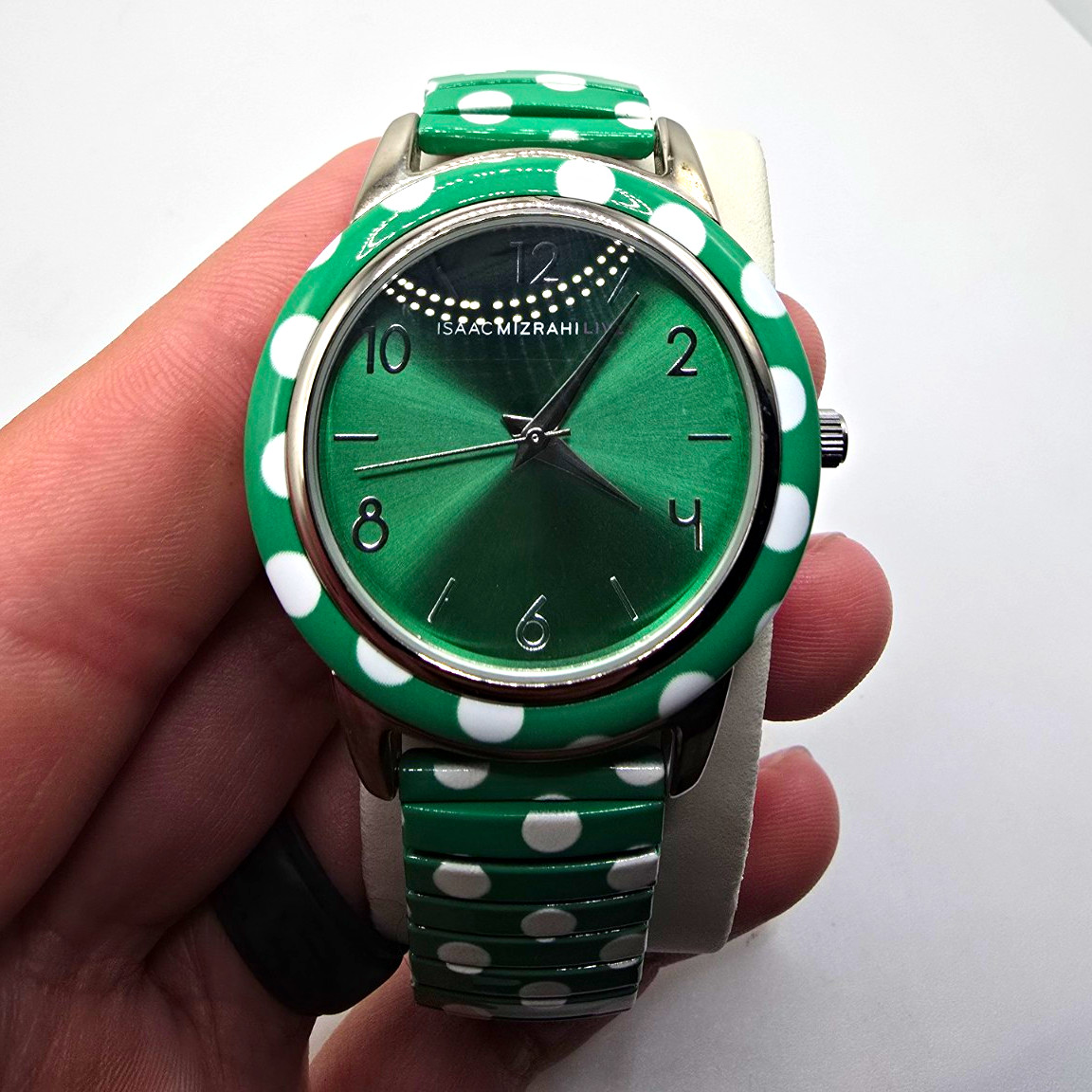 Isaac Mizrahi Live! Women’s Quartz Analog Polka Dot Green Dial Silver Bracelet