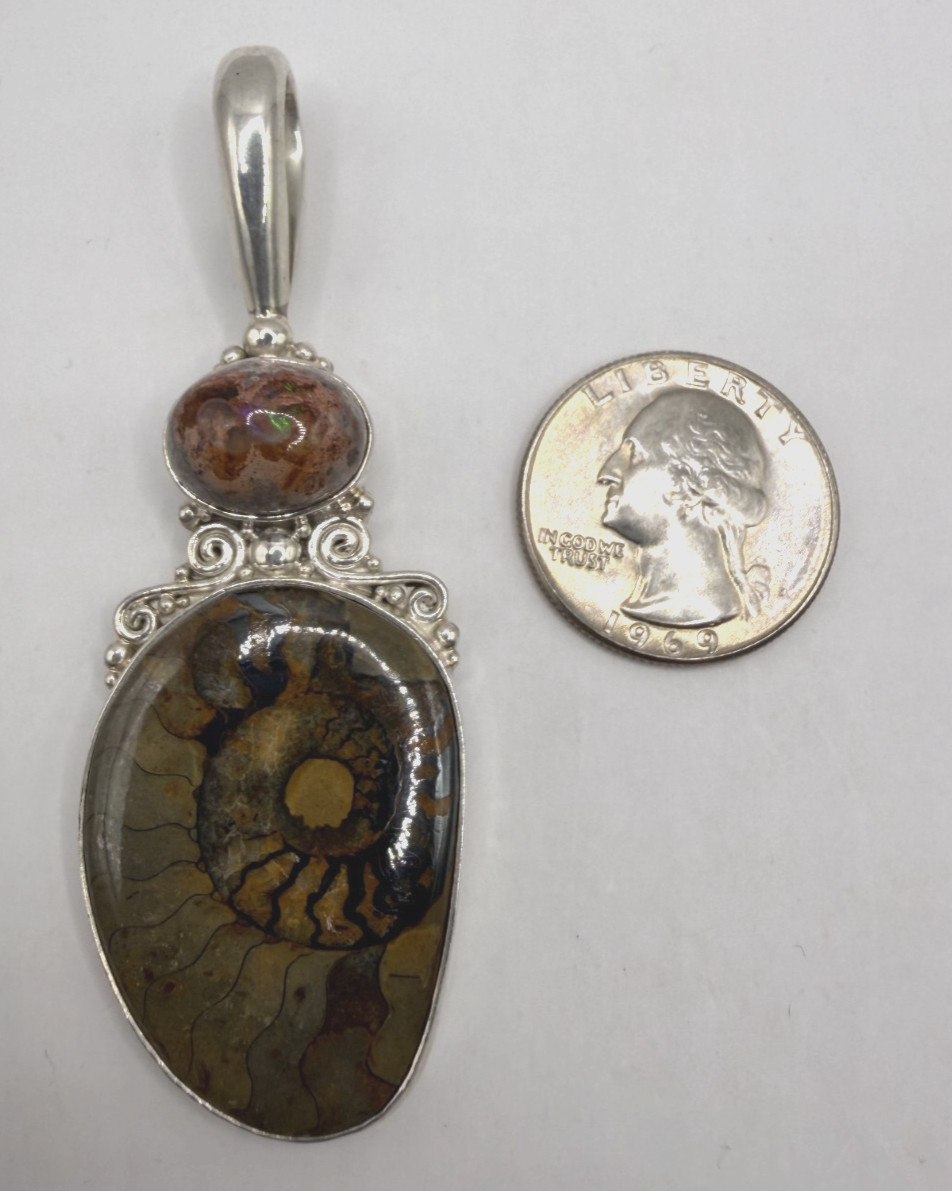 SAJEN Sterling Silver Ammonite Fossil Pendant w/ Fiery Opal Accent [076DUR]