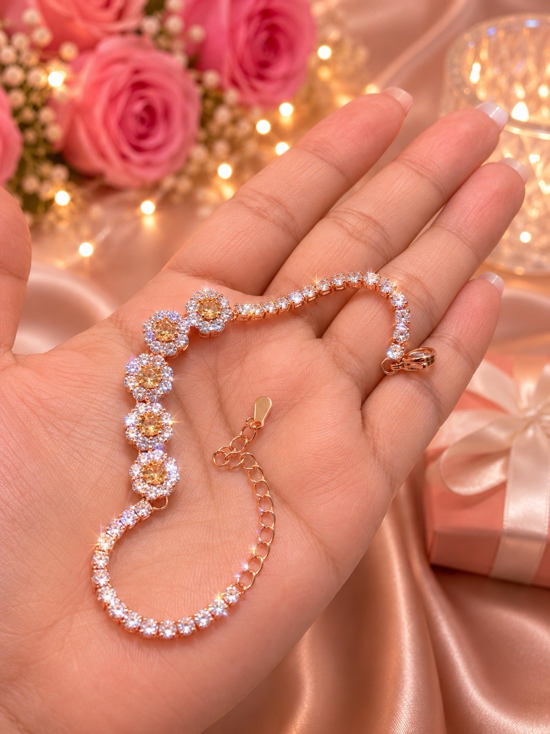 Rose Gold White Crystal Charm Tennis Bracelet Round Link Lobster Adjustable