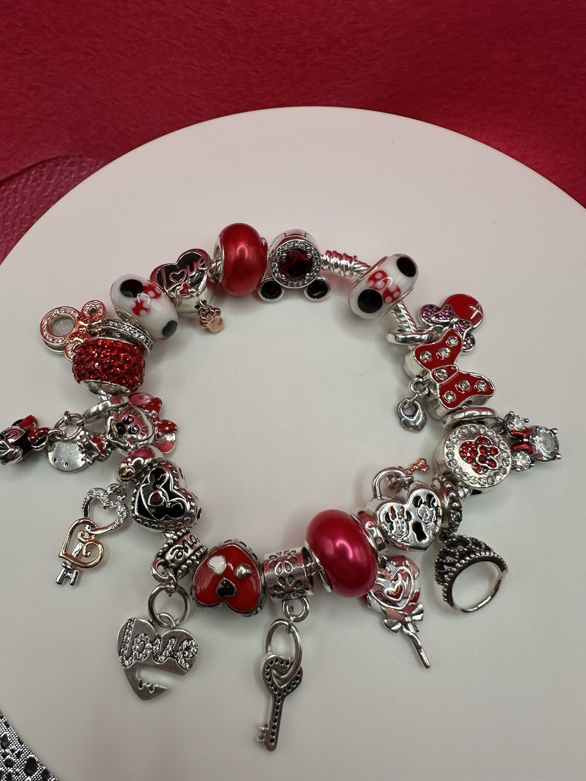 Silver Tone Charm Bracelet Red Enamel Beads Love Theme Dangle Charms