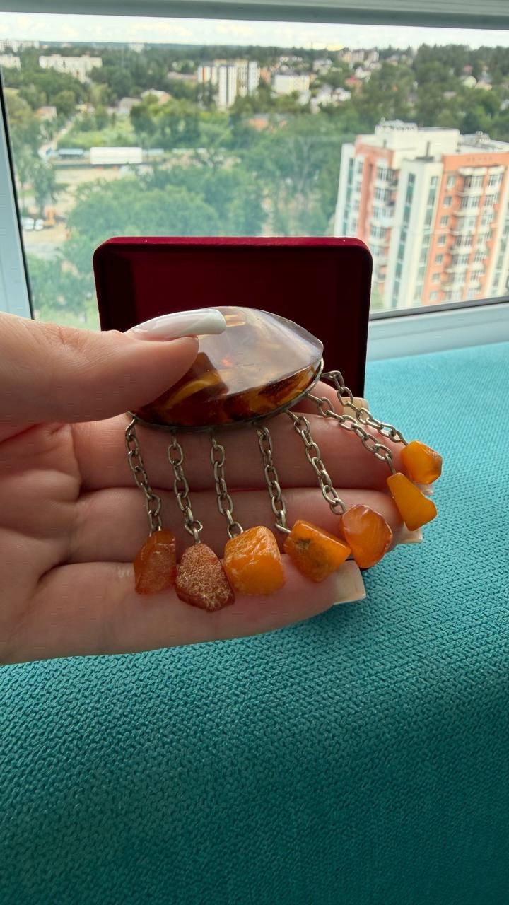 Vintage USSR Baltic Amber Mosaic Brooch Dangle Natural Amber 22g Rare