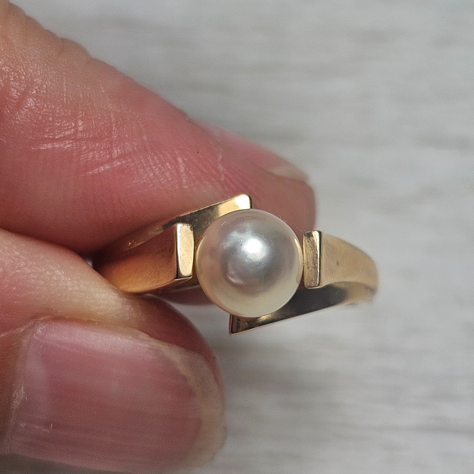 14k Yellow Gold Ring 6.5mm White Pearl Solitaire Sz 7 Signed JA AJ? 3.2grams