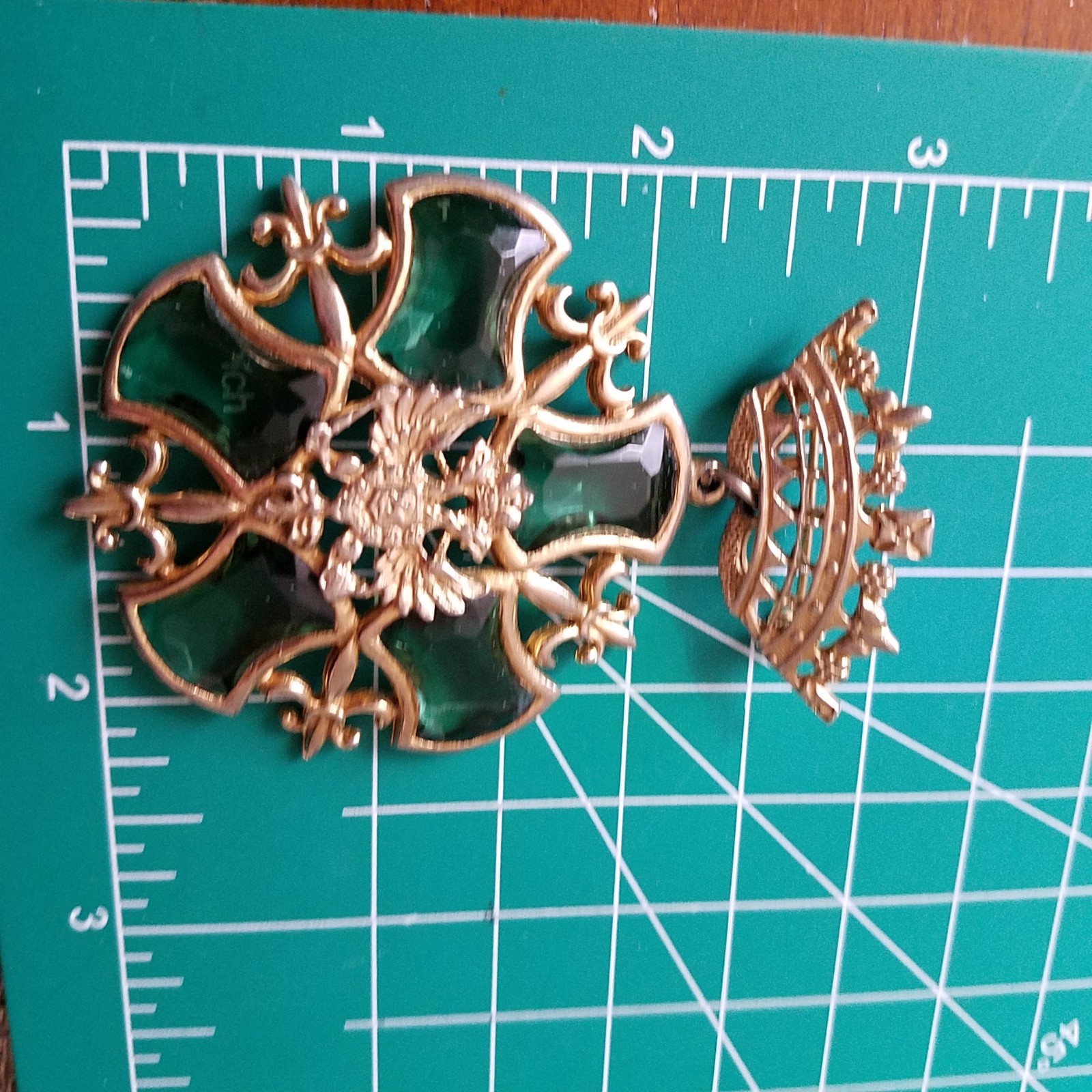 Vintage Crown Doubled-Headed Eagle Shield Green Rhinestone Fleur de Lis Brooch