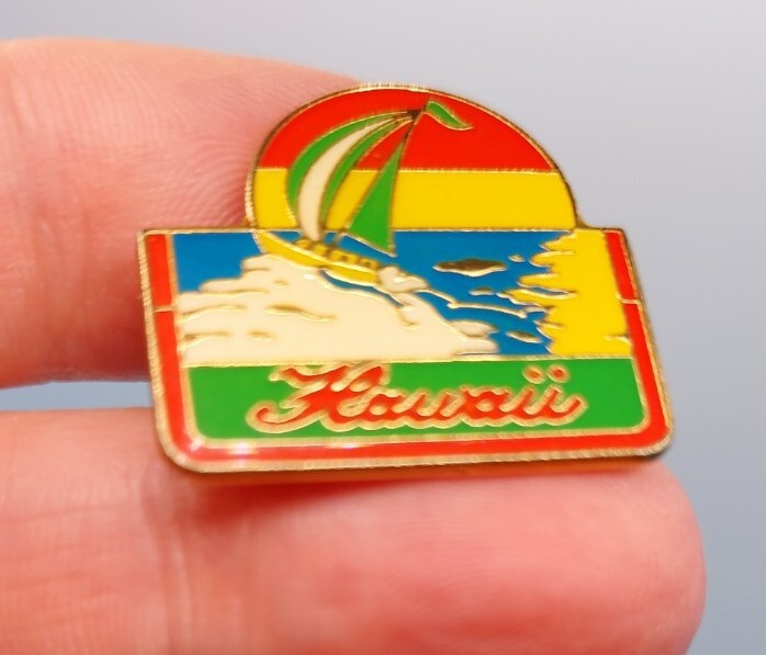 Vintage Hawaii Sailboat Lapel Hat Pin Enamel Red Green Yellow Blue Gold Tone